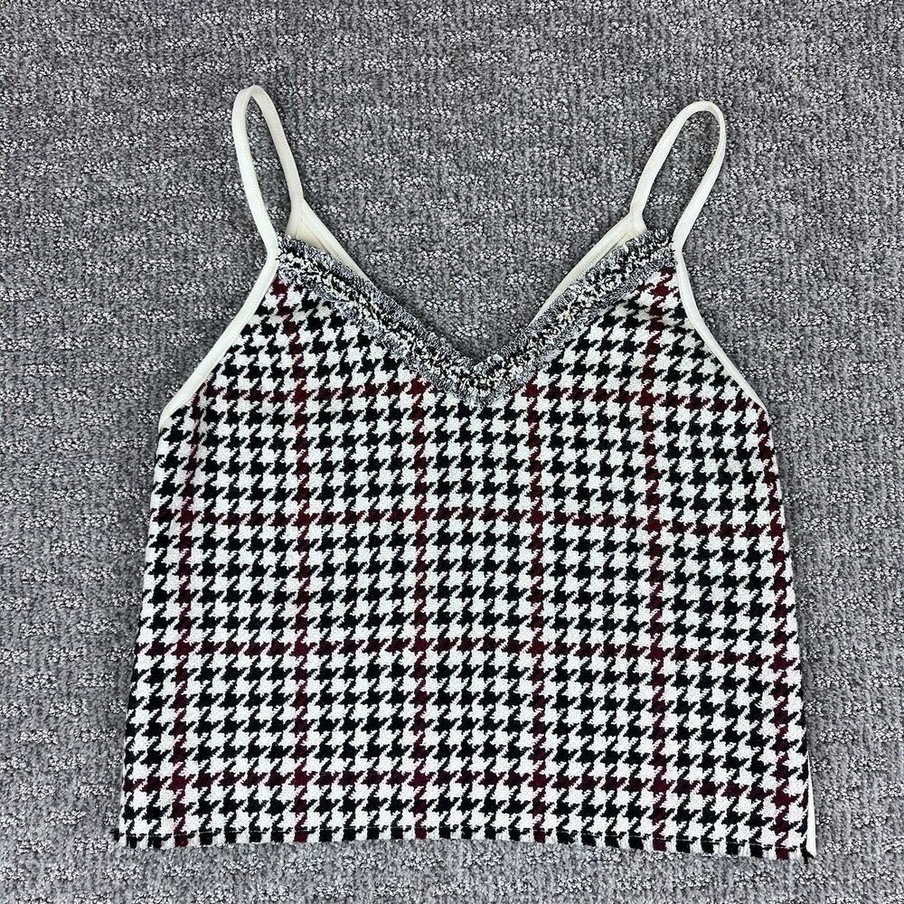 Zara Shirt Womens Small Cropped Tank Top Wool Blend Plaid Holiday Preppy Fringe
